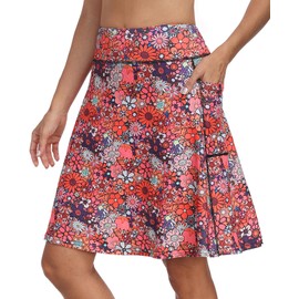 KORALHY Golf Skorts for Women with 4 Pockets 20" Knee Length Skirts Tennis Athletic Casual Skorts with Shorts Orange Pink Flowers XL