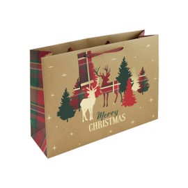 Eurowrap Brown Kraft Paper Merry Christmas Tartan Stag Design Gift Bag with Gift Tag - XL Shopper - Eco Friendly Fully Recyclable - Gift Bag for Christmas, Gift Wrap, Xmas, Festive Gift Bag