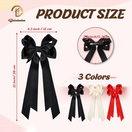 Dalababa 2 Pcs Bow Hair Clips with Long Ribbon, Large Hair Bows for Girls Silky Satin, French Solid Color Bowknot Ponytail Holder Hairpin Barrettes Accessories for Girls Women (Black, Beige)