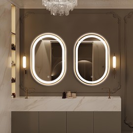 TheiaMo 24"x36" Oval LED Bathroom Mirror, Oval Lighted Vanity Bathroom Mirror with Gold Frame Anti Fog Smart Mirror with 3 Colors Dimmable for Makeup, Frontlit, Waterproof Horizontal/Vertical