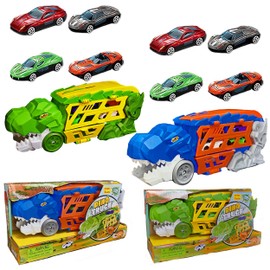 Two Pack Dinosaurs Toy Truck with Launcher, 8 Metal Cars, Slide-Out Rear Race Track, Top Carrying Handle for Kids, Birthdays, Celebrations