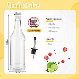 Dandat 20 Pcs 32 oz Plastic Long Neck Bottles with Pourer and Caps Plastic Juice Pour Bottles with Stainless Steel Bottle Pourer Tapered Spout for Liquor Juice Store (Sliver)