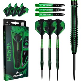 Mission | Venom Darts | Black & Green | Electro Plate | Steel Tip Darts Set | 90% Tungsten | Available in Multiple Weights. (25, Grams)