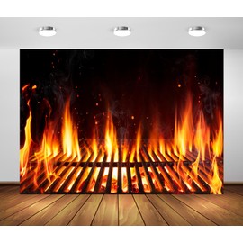 Loccor 7x5ft Fabric Barbecue Grill with Fire Flames Backdrop Empty Fire Grid Fire Flaming Background for Outdoor Camping Picnic Theme Party Decorations Photo Studio Props