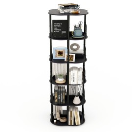 5 Tier Rotating Bookshelf, 360 ° Display Stackable Spinning Bookshelf Tower, Narrow Space Saving Tall Floor Standing Swivel Bookcase Corner Organizer for Bedroom, Living Room (Black, Round 5-Tier)
