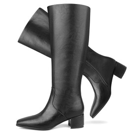 Cozivwaiy Black Knee High Boots for Women Comfortable Block Low Heel Dress Boots Half Zipper Tall Boots Wide Calf Fall Boots 9