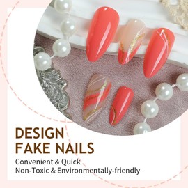 Almond Press on Nails Pink Medium French Fake Nails Glitter Gloss Acrylic Stick on Nail with Gold Line Designs Full Cover Glue on Nail Cute White Curve Artificial False on Nails for Women 24Pcs