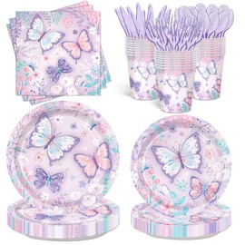 168pcs Butterfly Birthday Party Supplies Butterfly Plates Napkins Cups Disposable Party Tableware Set Birthday Party Decorations for Girls Serve 24 Guests