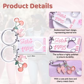 LParkin Big Sis Lil Sis Matching Keychain Set of 2, Big Little Sorority Gifts, Sister Keychain with Pink Bow and Cherry Charms, Friendship Keychain for Big Sister Little Sister(White)