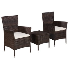 vidaXL Contemporary 3 Piece Bistro Set with Cushions, Poly Rattan Outdoor Furniture Set, Includes Table & Chairs, Brown and Cream White Combo.