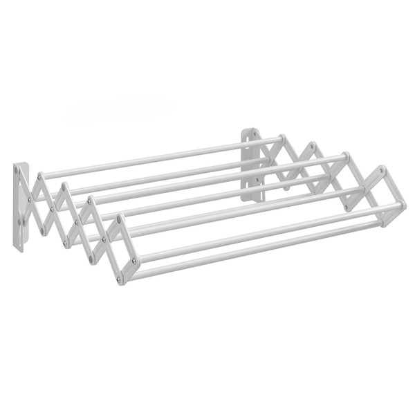 SONGMICS Clothes Drying Rack, Wall-Mounted Drying Rack Clothing, Accordion Laundry Rack, 9 Staggered Hanging Rods, Expandable and Retractable, Steel, Cloud White ULLR802W01