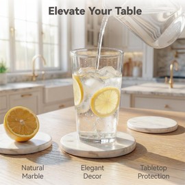 YONGHEE Soft White Marble Coasters Set of 8, Modern Elegant Drink Coasters for Dining Table, 4" Round Polished Natural White Stone Coaster with Grey Veins – Heat Resistant, Non-Slip, Housewarming Gift