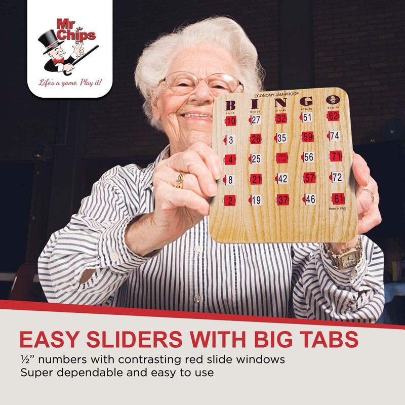 MR CHIPS Jam-Proof Bingo Cards with Sliding Windows, 50 Reusable