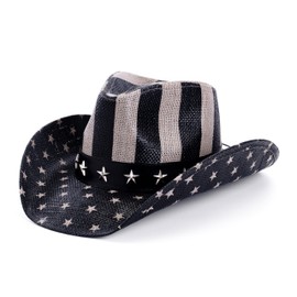 thuizen American Flag Patriotic Western Straw Cowboy Hat, Black