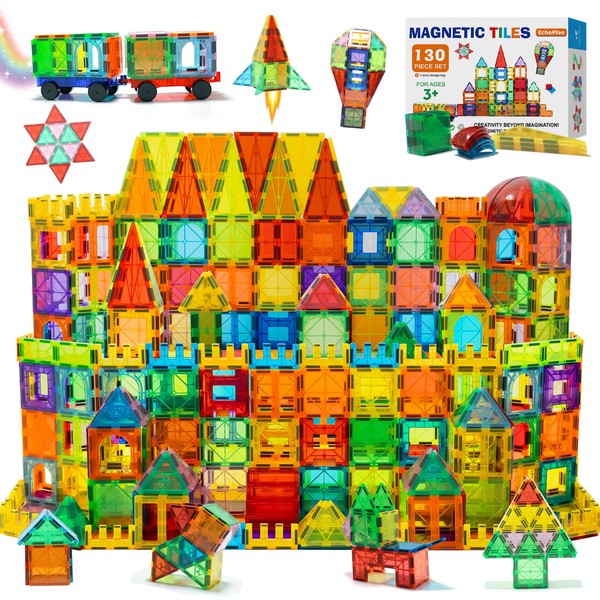 EchoPlan Magnetic Tiles, 130PCS Magnetic Blocks with 2 Cars, Magnet