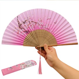 XGAKWD 8 1/4" Handheld Folding Fans with Fabric Sleeve, Chinease/Japanese Folding Silk Cloth Hand Held Fan for Women Dance Decorative (Pink A)