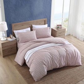 Nautica- Queen Duvet Cover, Cotton Reversible Bedding with Button Closure, Casual Home Décor for All Seasons (Coleridge Stripe Red, Queen)