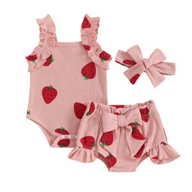 Kaipiclos Cherry Baby Outfit Newborn Infant Girl Clothes Rib Knit Romper & Shorts Waffled Baby Clothes for Girls 0 3 6 12 18M (Strawberry Pink, 6-12 Months)
