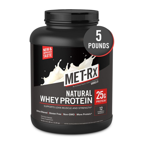 MET-Rx Natural Whey Protein Powder, Vanilla, 5 lb, Easy Mix Protein Powder, 25 g Protein, 5g BCAAs from Ultra Filtered Whey Protein, for Pre/Post Workout, Gluten Free, With Vitamin D and Vitamin C