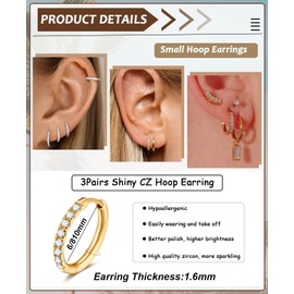 Small Gold Hoop Earrings for Women Men,14K Gold Plated in 316L Surgical Steel Hinge Huggie Hoop Earrings fit Cartilage Helix Tragus Sung Earlobe Lightweight Hypoallergenic Earrings (3Pairs,6/8/10mm)