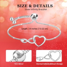 J.Fée Sterling Silver Bracelets for Women 925 Silver Bracelet Infinity Heart Bracelets for Women Infinity Adjustable Bracelet Heart Jewelry Womens Gifts for Birthday