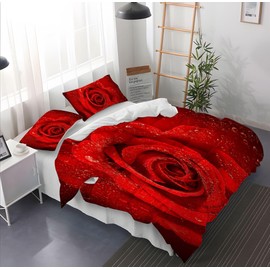 Leleyouzer 3D Red Rose Bed Linen Set, Red Rose Floral Pattern Duvet Cover for Girls Adults, Soft Microfibre Bedding with Zip and 2 Pillowcases 50 x 75 cm (R2, 220 x 240 cm)