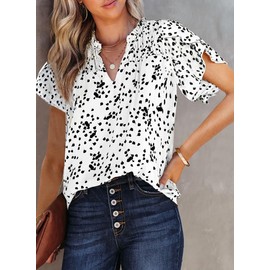 Dokotoo Womens Juniors Summer Tops 2024 Fashion Trendy Casual Dressy Fall Smocked Short Sleeve T Shirts Alicia Flower Print V Neck Business Work Tunic Bohemian Floral Top Medium White