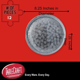 Tablecraft Galvanized Round Serving Trays, Steel Metal Dinner Food Platter, Silver Pebble Textured, Casual Style Plates for Restaurant, Patio, Indoor Outdoor Use, Reusable, Unbreakable, 8.5", 12 Pcs