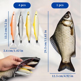 LUSTRIB Fish Shaped Bag and Pens Set, Realistic Fish Shaped Bag with Zipper & 4 Cute Fish Pens, Novelty Stationery Gift for Office, Party Favors