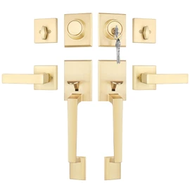 Haidms Gold Double Door Door Lock Set, Heavy Duty Double Door Handle with Deadbolt and Dummy, Double Front Door Hardware Set with Reversible Handle Lever