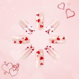 Valentine's Day Press on Nails Medium Square Fake Nails with Lip Designs Bow Pink French Tip False Nails Cute French Heart Stick on Nails for Women Girls Holiday Manicure Couple Gift