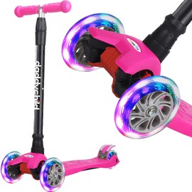 Scooters for Kids 3 Wheel Kick Scooter for Toddlers Girls & Boys, 4 Adjustable Height, Lean to Steer, Extra-Wide Deck, Light Up Wheels for Children from 3 to 14 Years Old,Pink