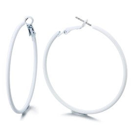 Classic White Large Circle Statement Hoop Huggie Hinged Stud Earrings (CA)
