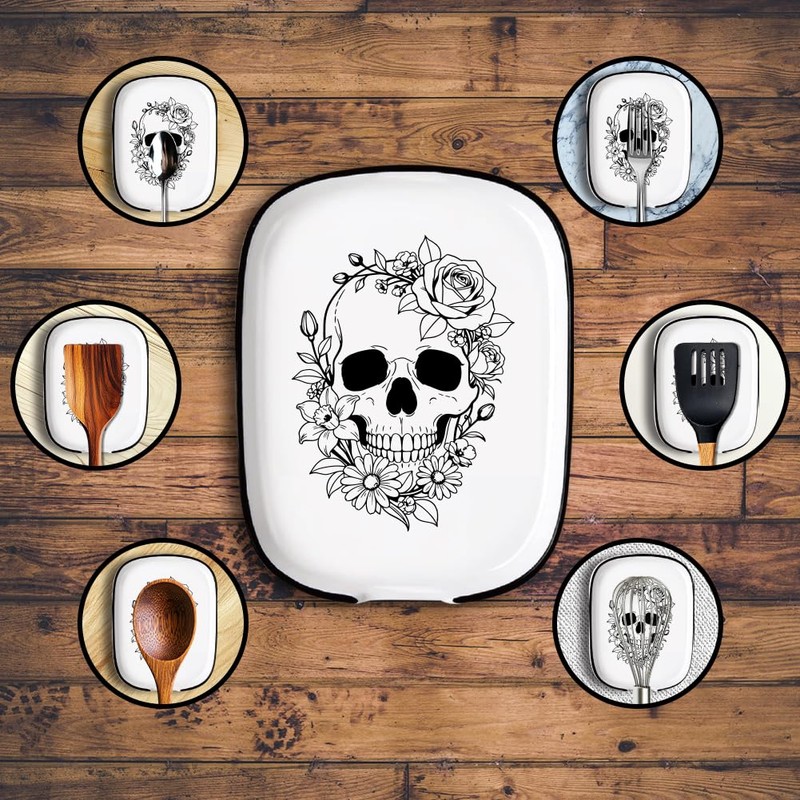ANATTASOUL Skull & Rose Spoon Rest for Stove Top for