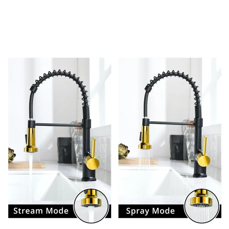Modern Single Handle Kitchen Faucet Black And Gold Pull Down