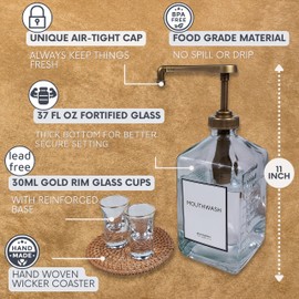 eBun 37oz Large Mouthwash Dispenser for Bathroom - Mouthwash Pump Dispenser, Glass Mouthwash Dispenser with Cups, Mouthwash Bottle Glass Dispenser, Mouth Wash Container for Bathroom (Gold)