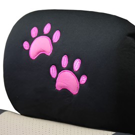 Yupbizauto Pink and Black Front and Rear Car Seat Covers with Embroidery Animal Pink Paw Headrest Covers for Women Universal Size