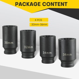 Acymner 1/2" Drive Deep Spindle Axle Nut Impact Socket | 4 PCS Metric Axle Nut Socket Set, CR-MO, 12 Point Design, 30,32,34,36mm, 1/2 Inch Heavy Duty Deep Impact Socket Set