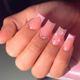 Hkanlre Medium Square Press on Nails Heart Fake Nails Tips Full Cover Pink Valentine's Day False Nails for Women and Girls 24PCS