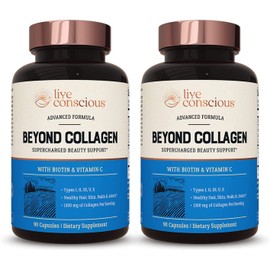 Live Conscious Live Conscious Beyond Collagen Multi Collagen Capsules - Types I, II, III, V & X | Hydrolyzed Blend with Biotin & Vitamin C for Hair, Skin, Nails 90 Capsules (2-Pack)