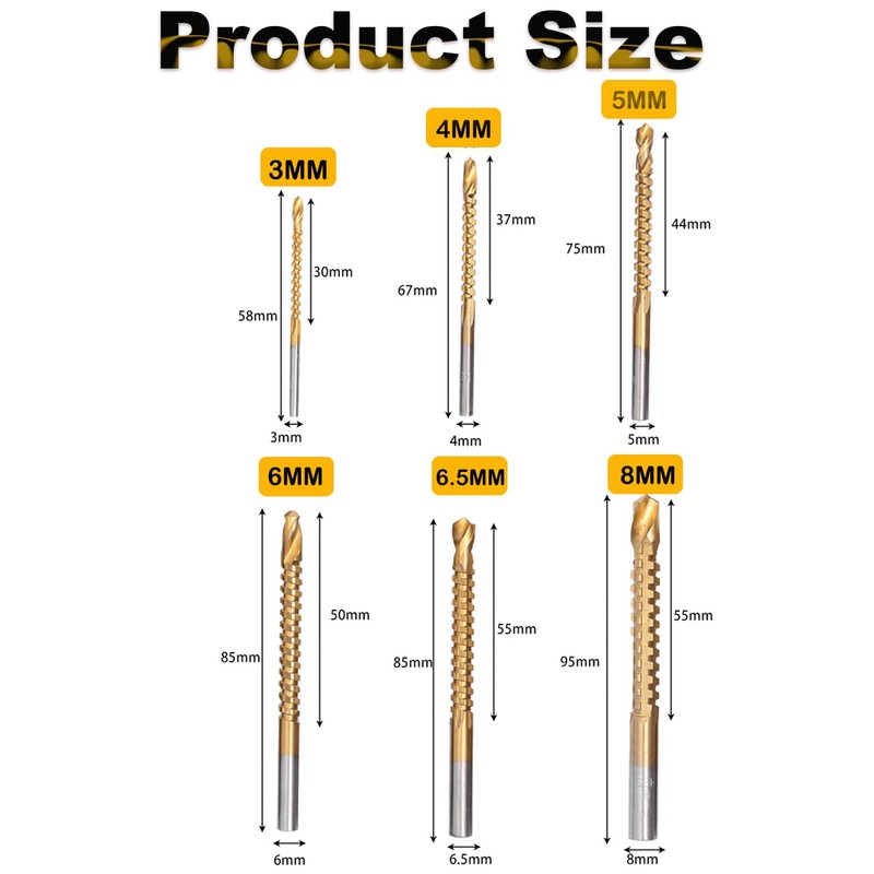 Rocaris 6 Pack Titanium Coated HSS Twist Drill Bits, 3-8mm