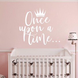 Once Upon a time with Crown Wall Sticker Art Vinyl Home Quote Decals for Kids Girl Princess Room Nursery Decoration House Interior Design YMX38 (White, 42X38CM)