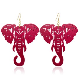 KaFu Lightweight Large Natural Wooden Dangle Earrings Ethnic Style African Elephant Drop Earrings for Women Bohemian Style Jewelry Earrings (Wine red)
