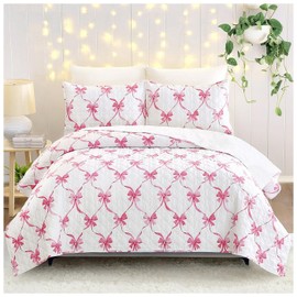 Hobby Lobby Pink Bow Quilt Set with 2 Shams, White Quilted Bedding with Pink Ribbon Pattern (Twin XL)