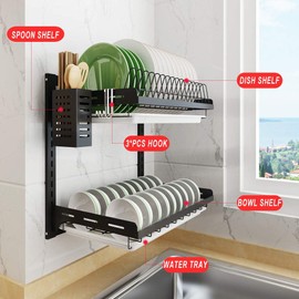 Kitchen Dish Rack Hanging Drying Plate Organizer Storage Shelf over the Sink,Junyuan 2 Tier Wall Mount Bowl Holder with Drain Tray With 3 Hooks,Stainless Steel Black Coating (2 Tier, 16)