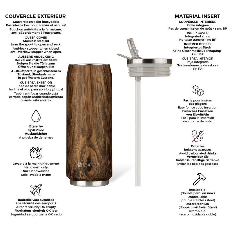 Les Aristes Paris Pull Can'It Wooden Water Bottle, 500 ml