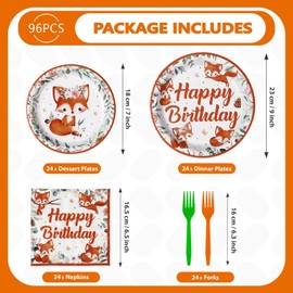 Grencian 96Pcs Fall Fox Birthday Party Decorations Fall Thanksgiving Paper Plates and Napkins Animal Tableware for Girl Boy Fox Theme Baby Shower Birthday Party Decorations Serves 24