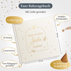 EULENTALER® Baby Diary My First Year I Real Linen Cover with Gold Embossing I Designed by Educators I Hand-Painted Cute Illustrations in Scandi Style I 21 x 21 cm I Baby Album in Scandi Style