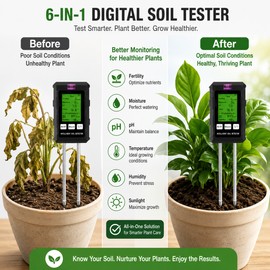 6-in-1 Digital Soil Tester for Plant Care – pH, Moisture, Fertility, Temperature, Humidity and Light Meter for Garden Use