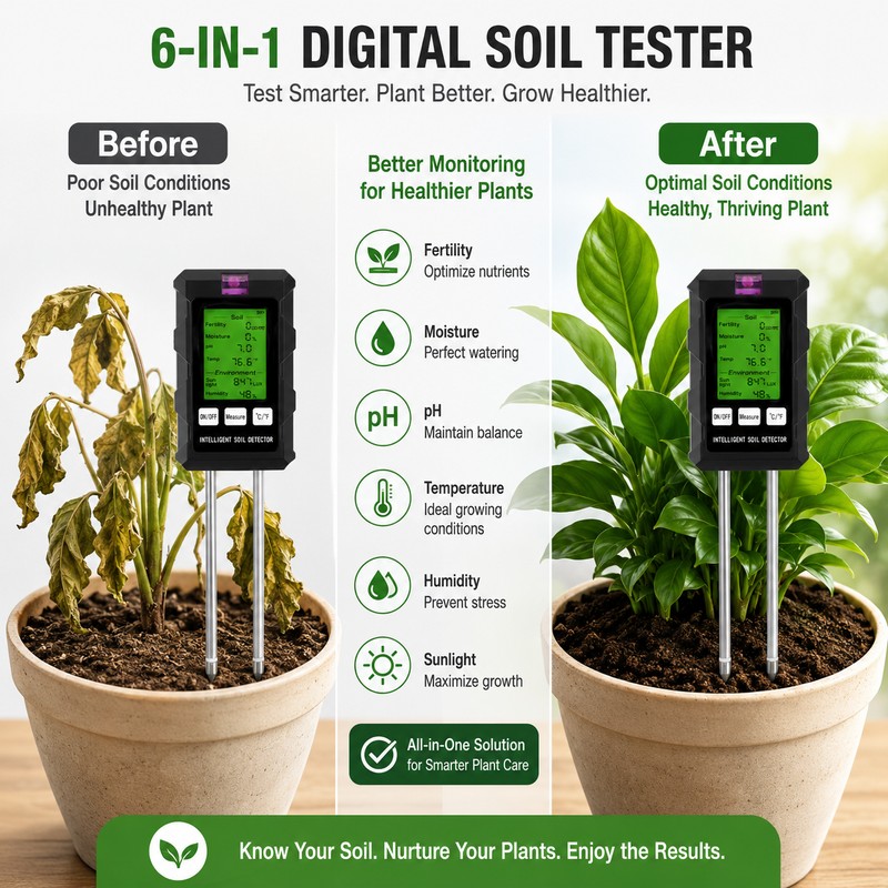 6-in-1 Digital Soil Tester for Plant Care – pH, Moisture,